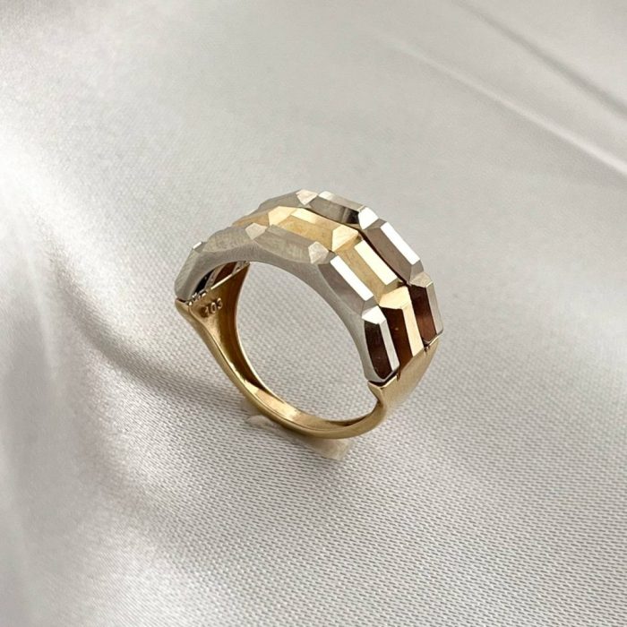 انگشتر طلا تراش دار آینه ای چند ردیفه زرد و سفید - Image 4